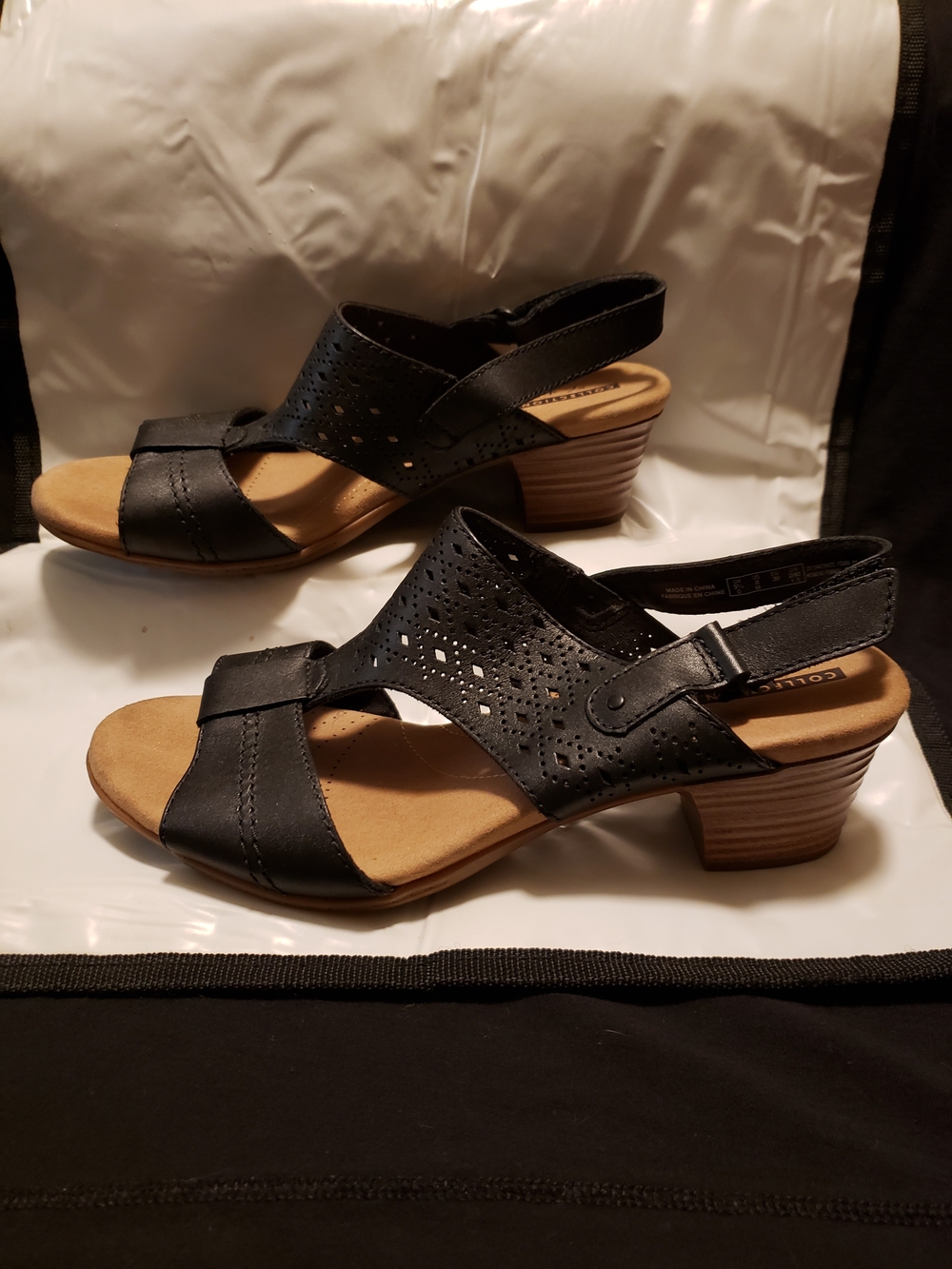 Clarks Black Perforated Leather Slingback Sandal with Low Block Heel